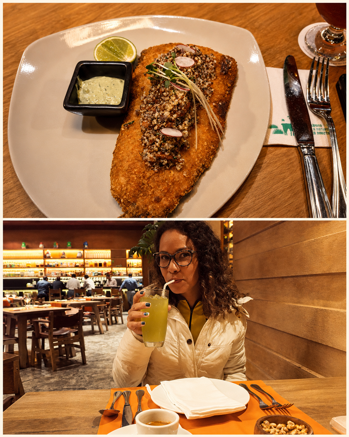 Vivian em restaurante no Peru e prato de peixe com quinoa